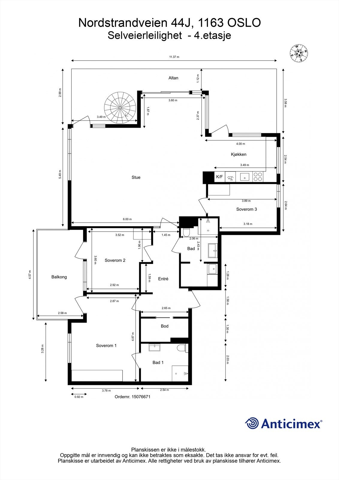 Leiligheten har en god planløsning med tre soverom, to bad og en åpen stue- og kjøkkenløsning. Galleribilde