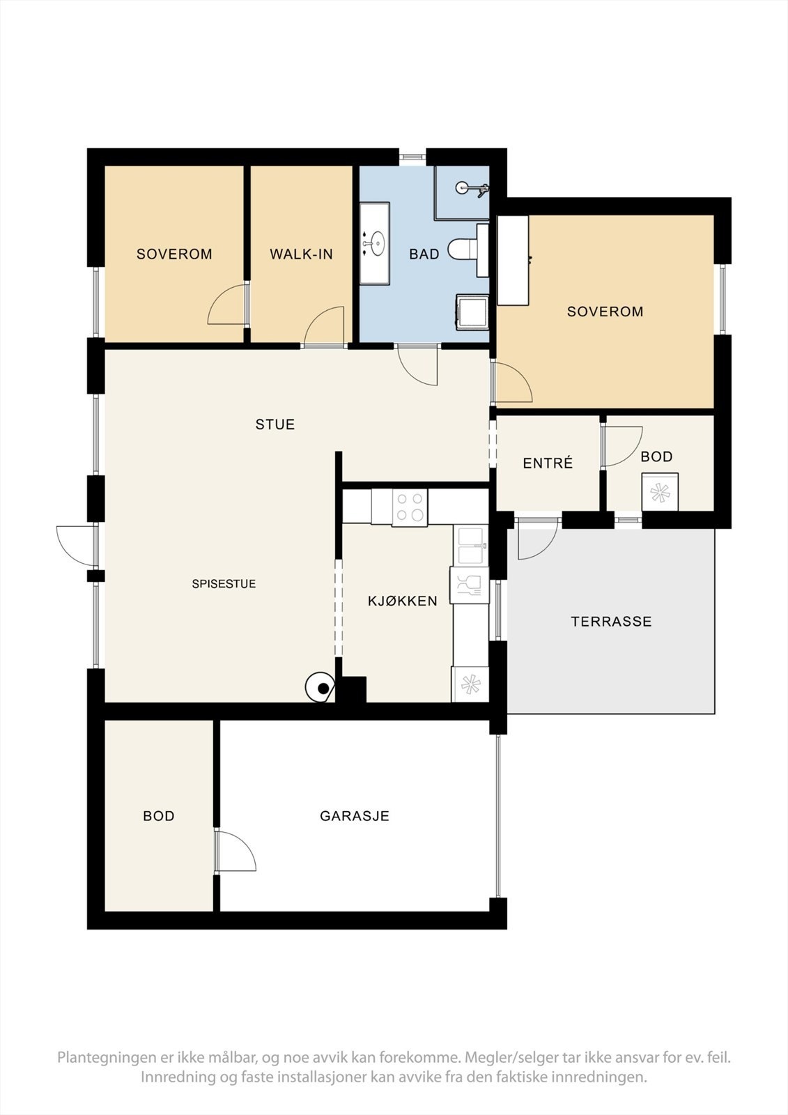 Boligen har en praktisk planløsning på ett plan med to soverom og åpen stue- og kjøkkenløsning. Galleribilde