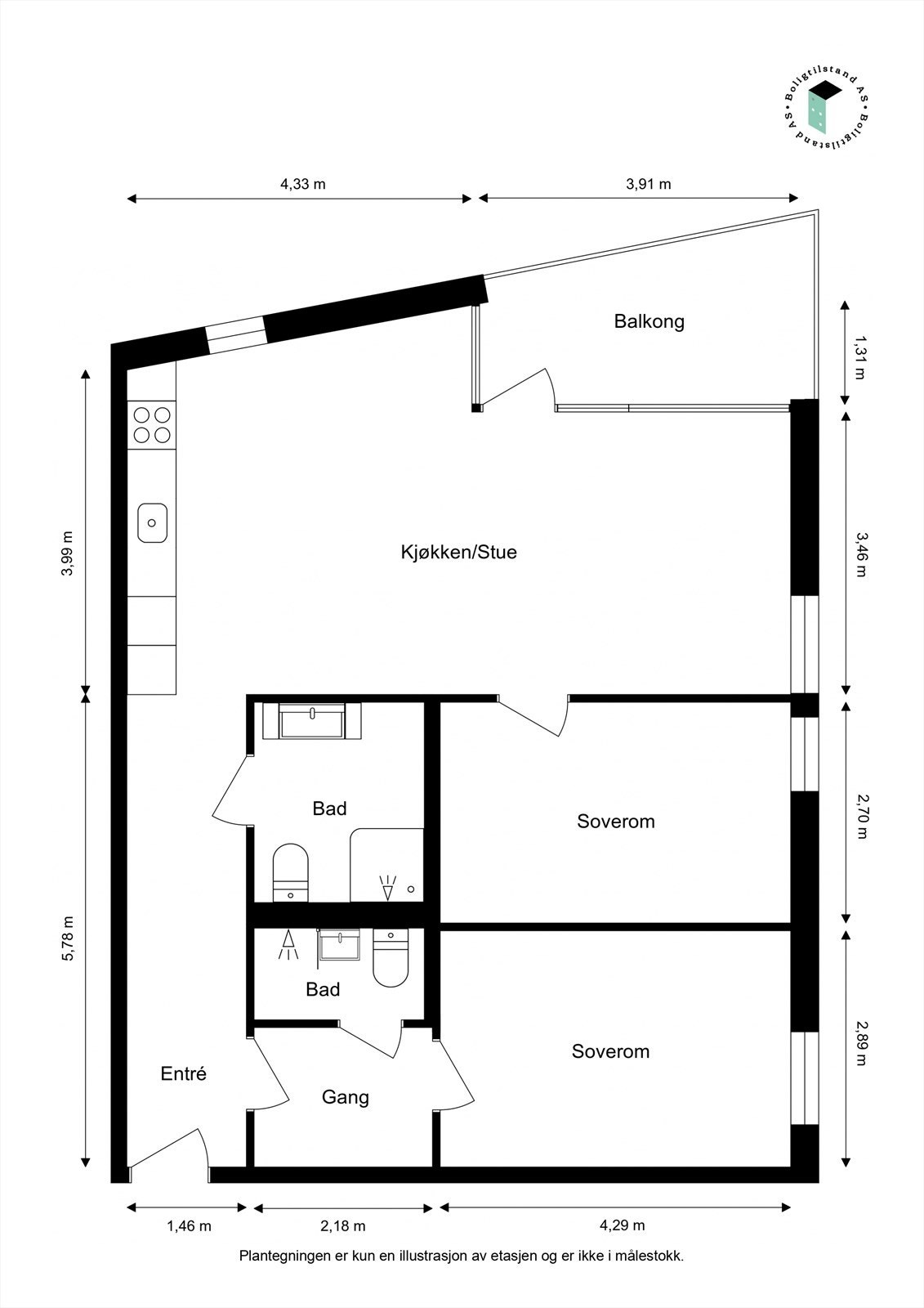 Effektiv og gjennomtenkt planløsning som utnytter arealet optimalt. To soverom og to bad gir høy bokomfort. Galleribilde