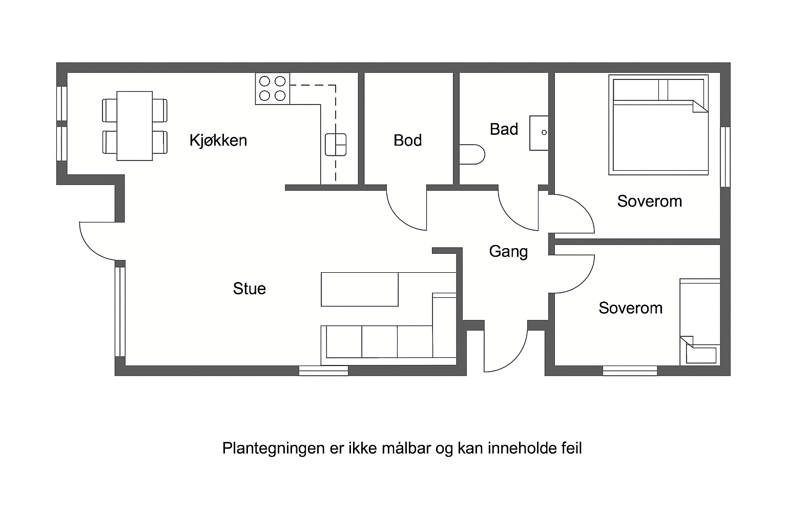 Plantegning - oversiktlig og funksjonell planløsning med to soverom, romslig stue, moderne kjøkken og praktisk bod. Plantegningen er ikke målbar og kan inneholde feil. Galleribilde
