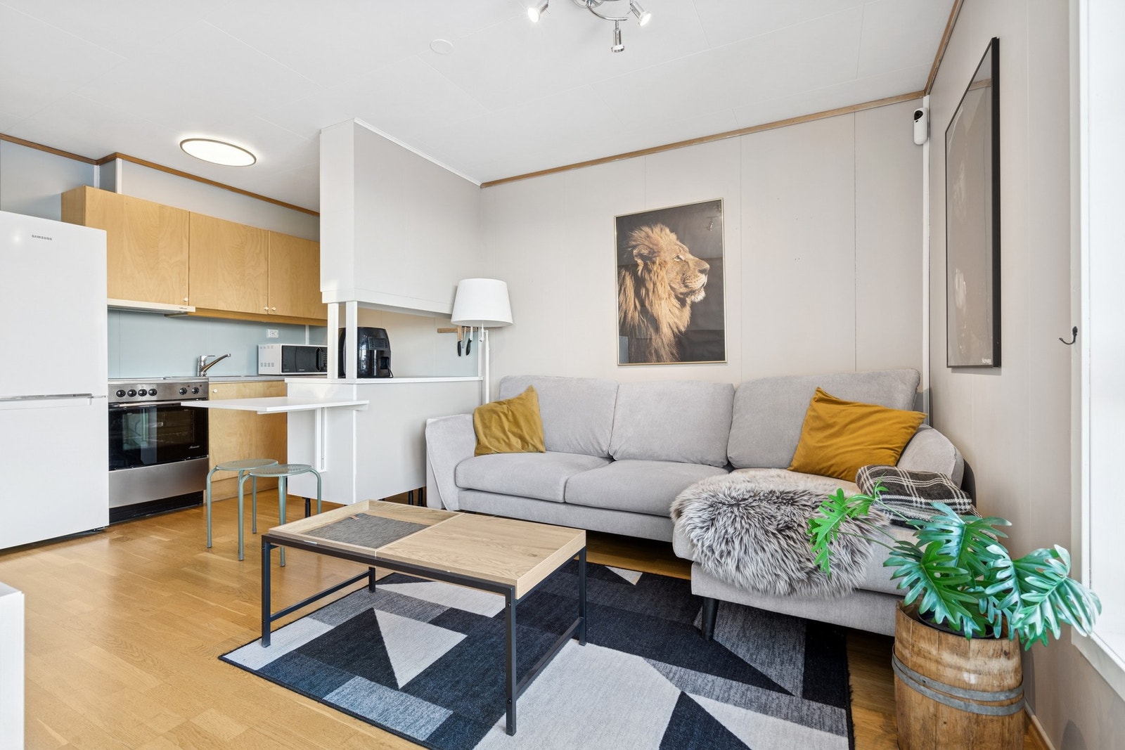 Stuen og kjøkkenet har parkett på gulv. Galleribilde