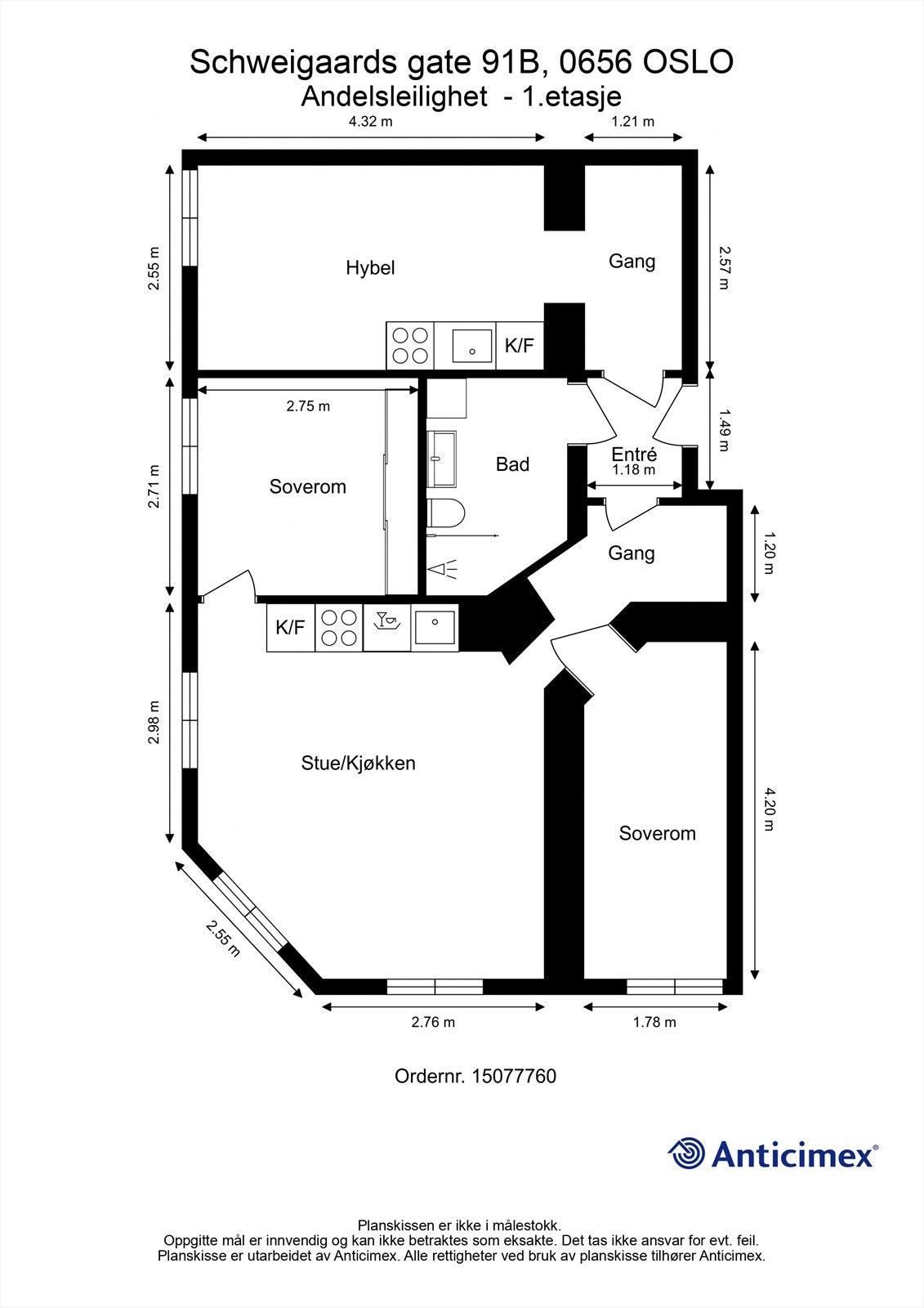 Plantegning. Innhold: entré og bad, hoveddel med gang, to soverom, kjøkken og stue, i tillegg til egen hybeldel. Galleribilde