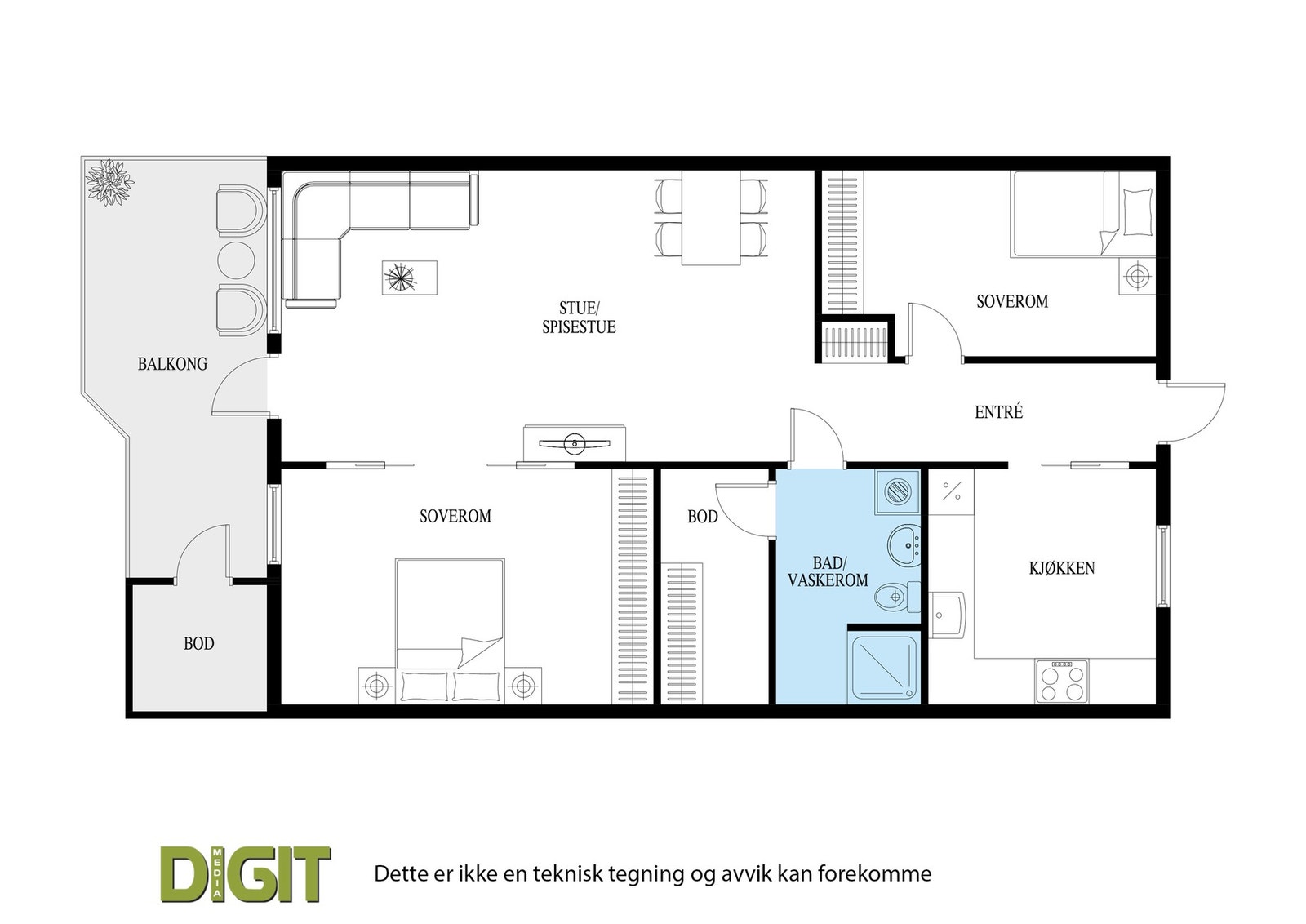 Leiligheten har en innholdsrik og praktisk planløsning. Galleribilde