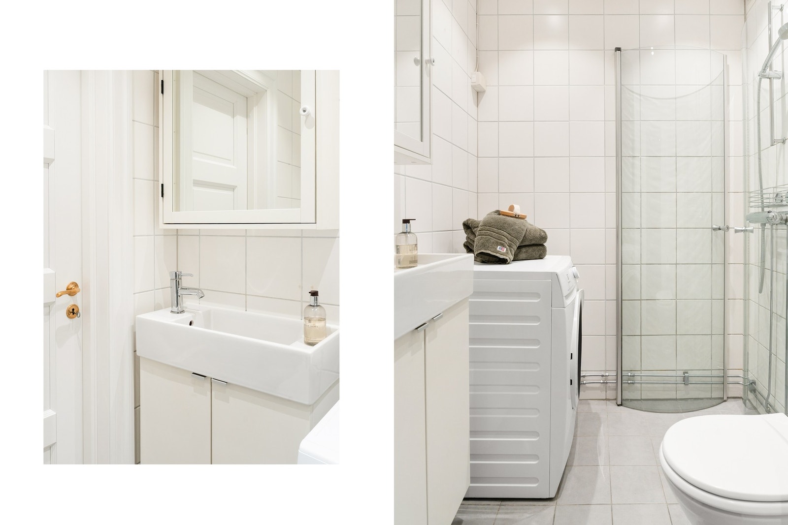 Badet er utstyrt med servantskap med speilskap over, toalett og dusjhjørne med svingdører i glass. Det medfølger også en kombinert vaskemaskin / tørketrommel. Galleribilde