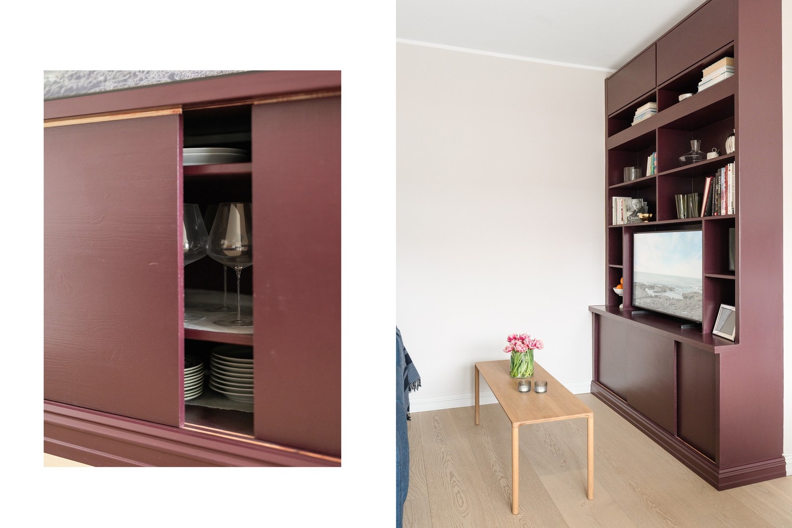 I skjenken under bokhyllen er det en egen hylle som kan brukes til å legge fra seg PC-er med mulighet for å lade. Galleribilde