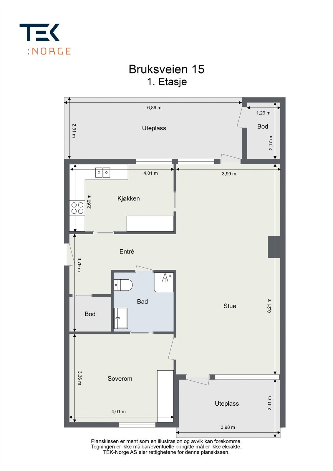 Leiligheten har en arealeffektiv planløsning på 74 m² som omfatter entré, stue, kjøkken, bad og soverom. Galleribilde