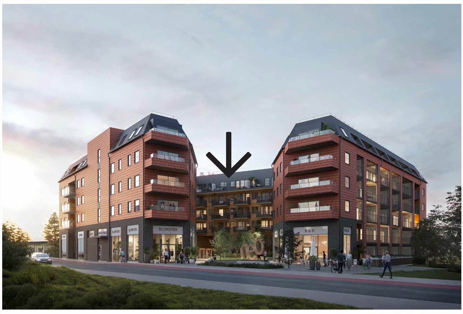 Neo - tegnet for Ås. En kommende klassisk bygård med et grønt preg. Galleribilde