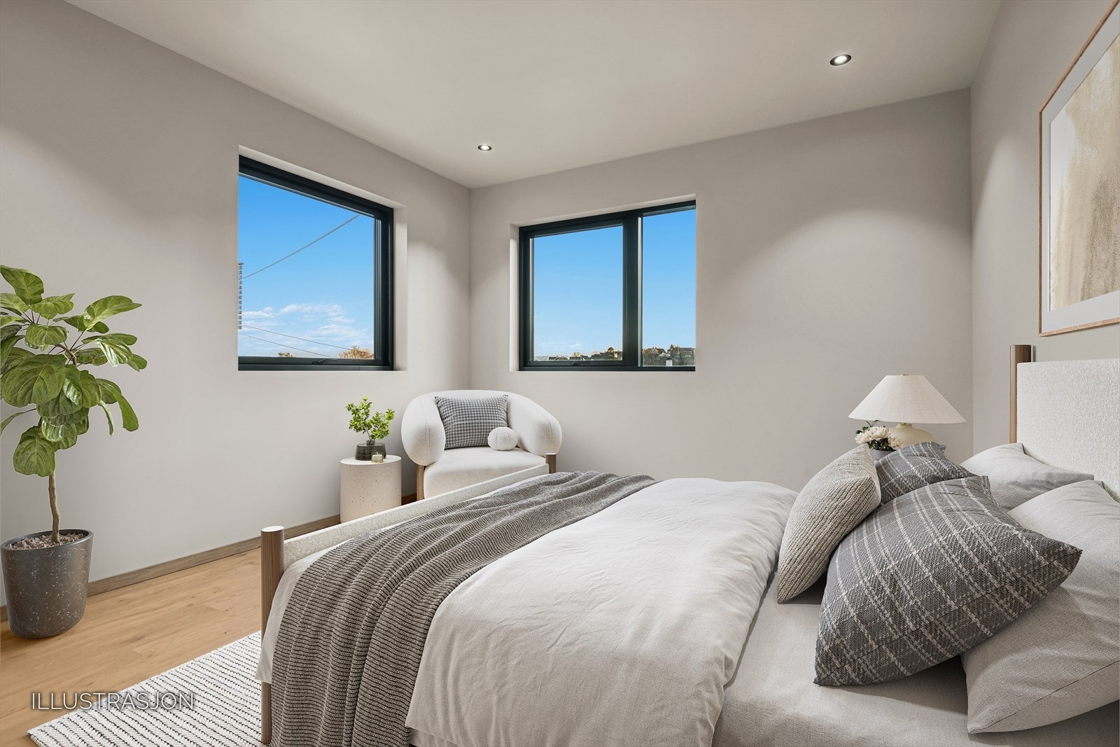 Digitalt møblert soverom. På tegningene er dette en tv stue. Kan brukes til begge deler. Galleribilde