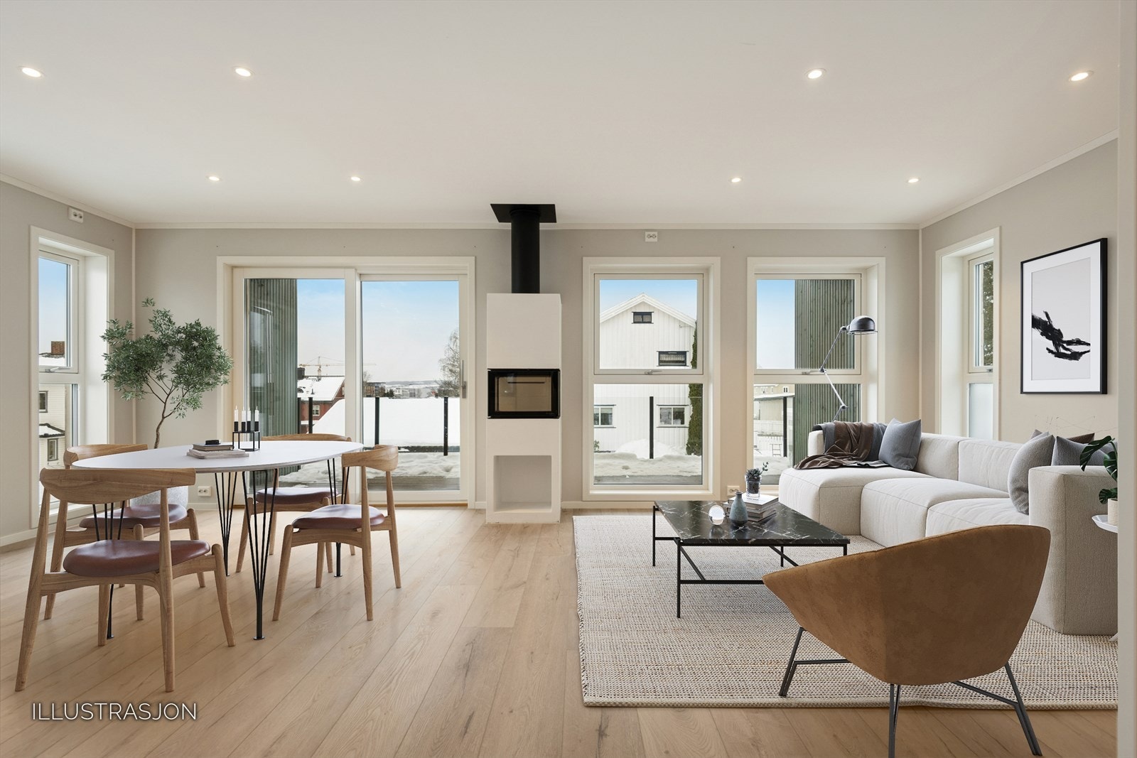 Stuen har plass til flere møbleringsmuligheter for å skape den stuen du selv ønsker. Bildet er digitalt stylet. Galleribilde