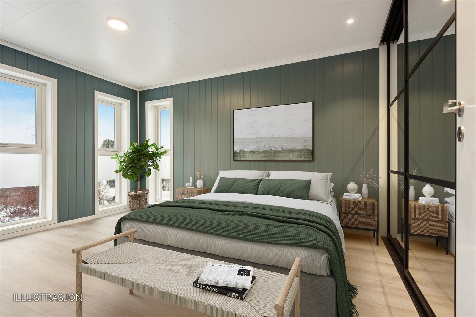 Hovedsoverommet har montert stor skyvedørsgarderobe med speildører. Bildet er digitalt stylet. Galleribilde