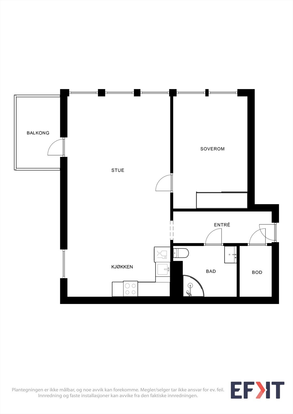 Planløsningen er arealeffektiv og omfatter stue, kjøkken, soverom, bad og en praktisk bod. Galleribilde