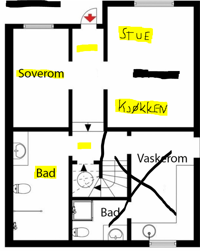 Rom med gul markering inngår i hybelen Galleribilde