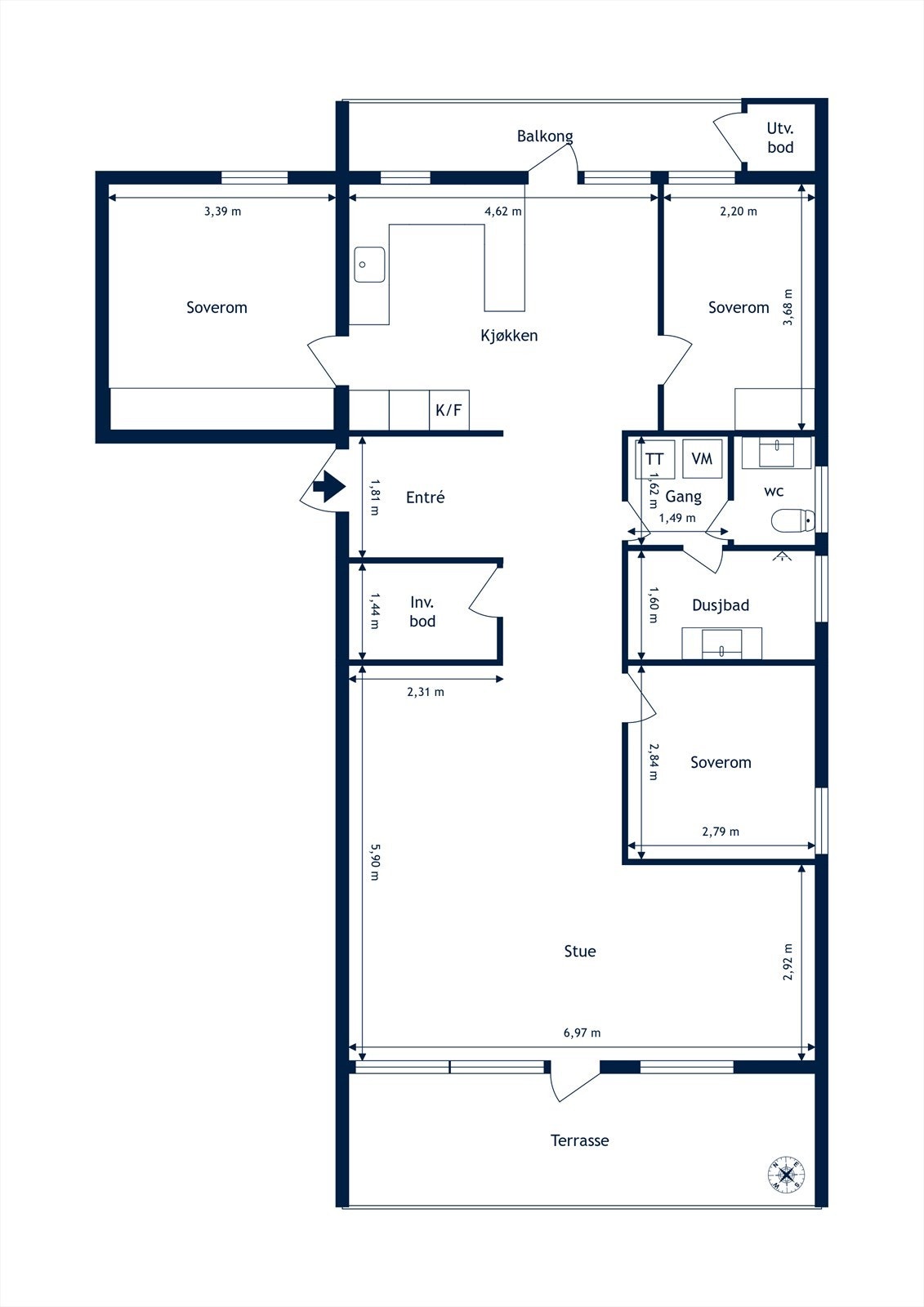 Gjennomgående plantegning med 3 soverom. Mulighet for 4 soverom. Galleribilde