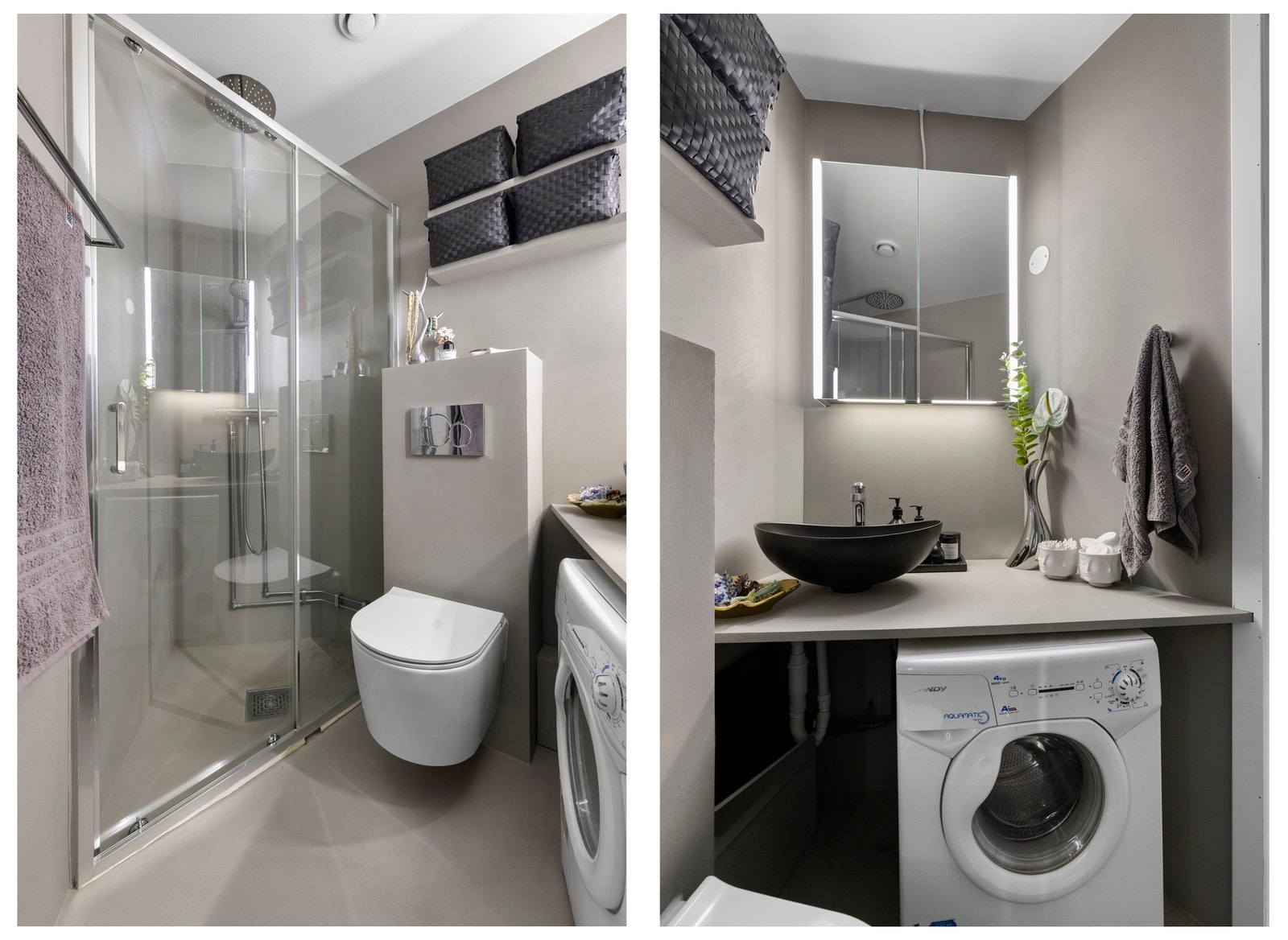 Bad med varmekabler, overflater med microsement, dusjhjørne, servant og innebygget sisterne Galleribilde