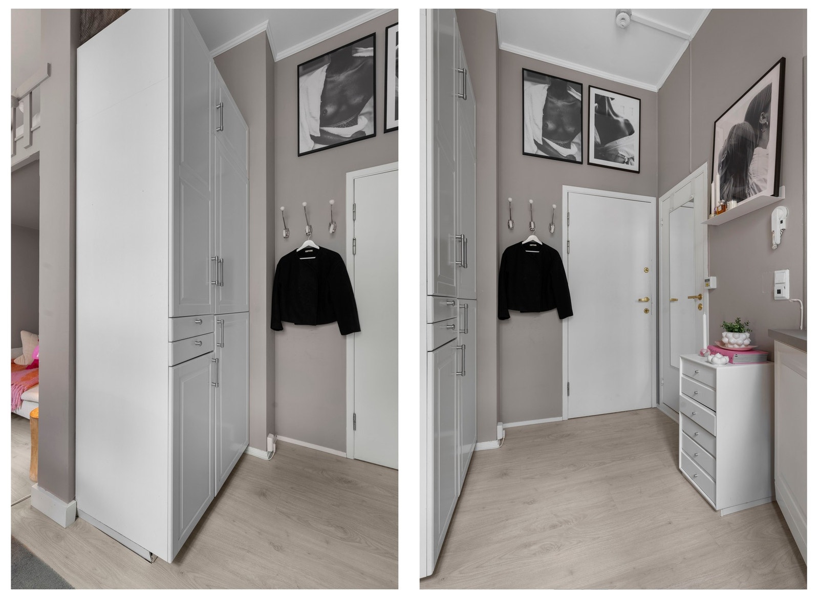 Innbydende entré med plass til sko og yttertøy samt ytterligere lagring i garderobe. Det er felles dørcallinganlegg. Galleribilde