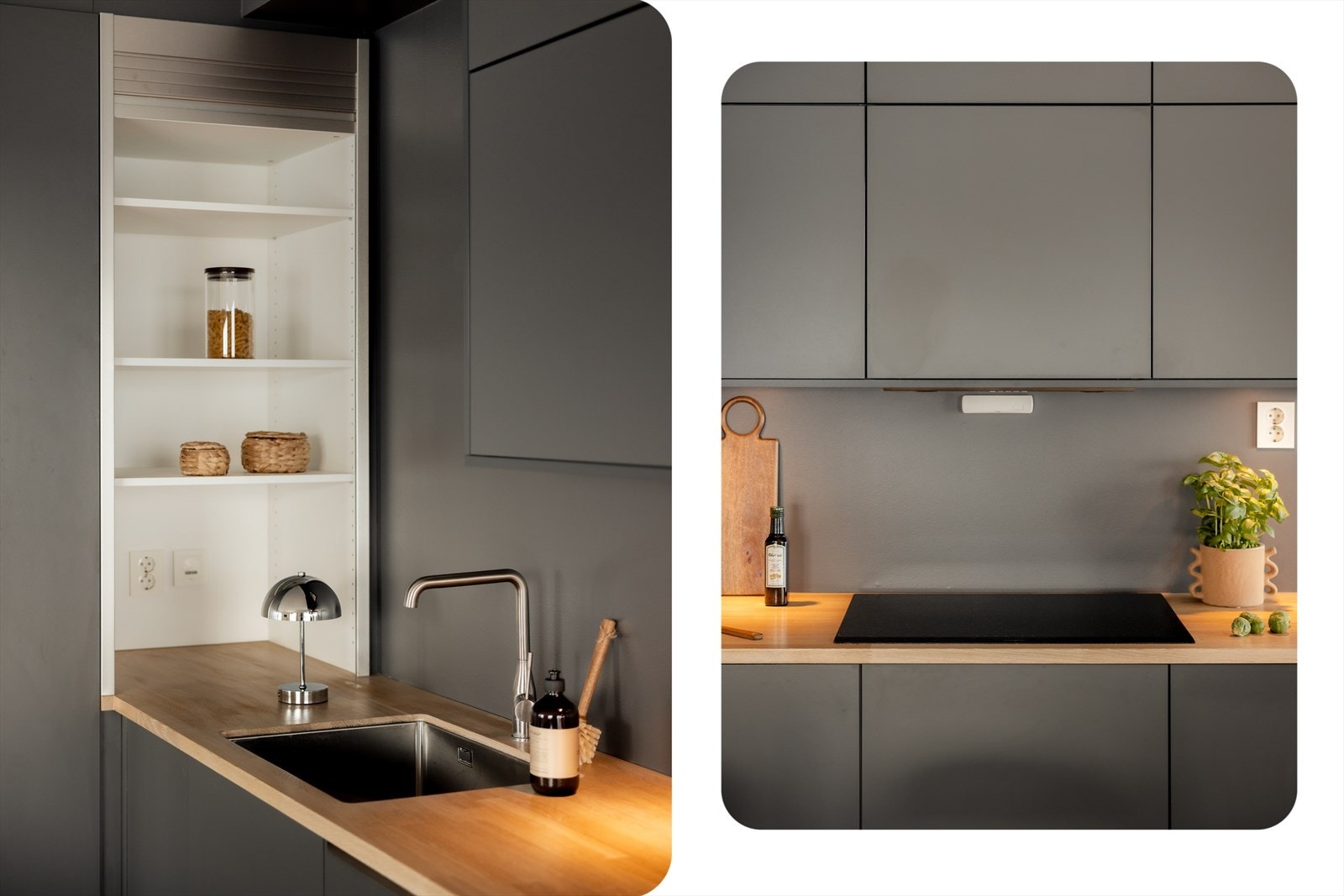 Heltre benkeplate, underlimt vask, induksjonsplate og innfelt ventilator. Kjøkkenet har rikelig med skap og gjennomtenkte løsninger. Galleribilde