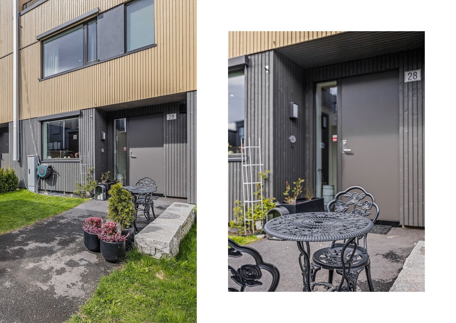 Hyggelig inngangparti med plass til beplantning og en liten sittegruppe. Praktisk utebod i tilknytning. Galleribilde