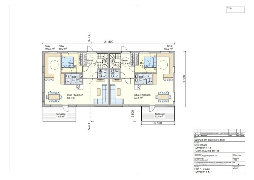 Byggetegning for 1. Etasje av Tyrivegen 5 og 7 - Dagens planløsning avviker fra tegningene. Innredet hybel i etasjen må med stor sannsynlighet tilbakestilles til opprinnelig godkjent planløsning. Galleribilde