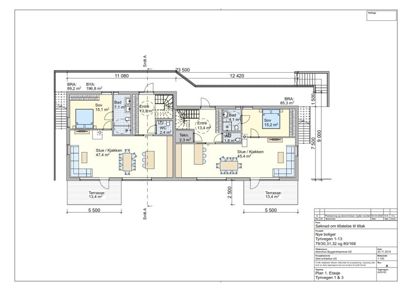 Byggetegning for 1. Etasje av Tyrivegen 1 og 3 - Dagens planløsning avviker fra tegningene. Innredet hybel i etasjen må med stor sannsynlighet tilbakestilles til opprinnelig godkjent planløsning. Galleribilde