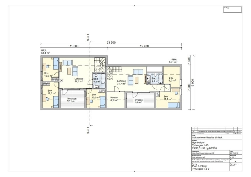 Byggetegning for 2. Etasje av Tyrivegen 1 og 3. Galleribilde