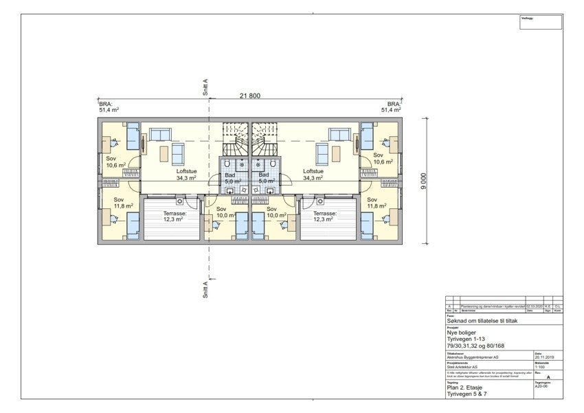 Byggetegning av 2. Etasje for Tyrivegen 5 og 7. Galleribilde
