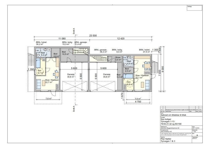 Byggetegning for kjelleretasje av Tyrivegen 1 og 3. Galleribilde