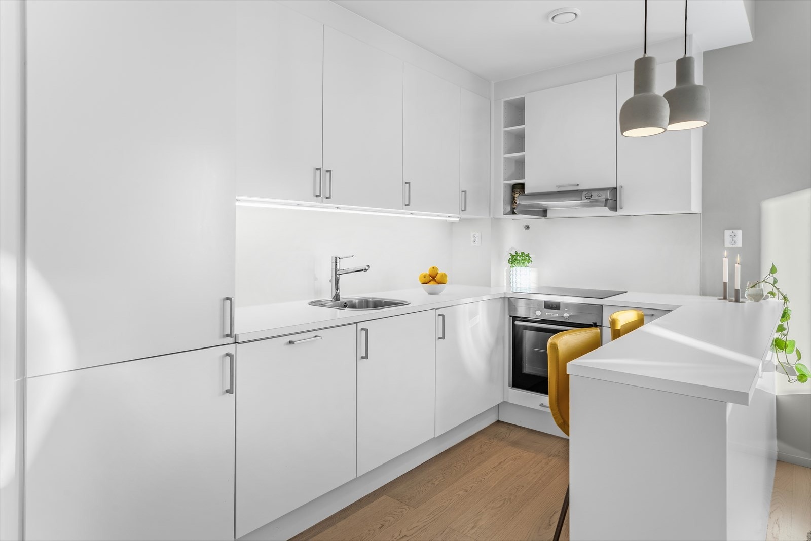 Av integrerte hvitevarer er det platetopp, stekeovn, oppvaskmaskin og kjøle-/fryseskap. Galleribilde