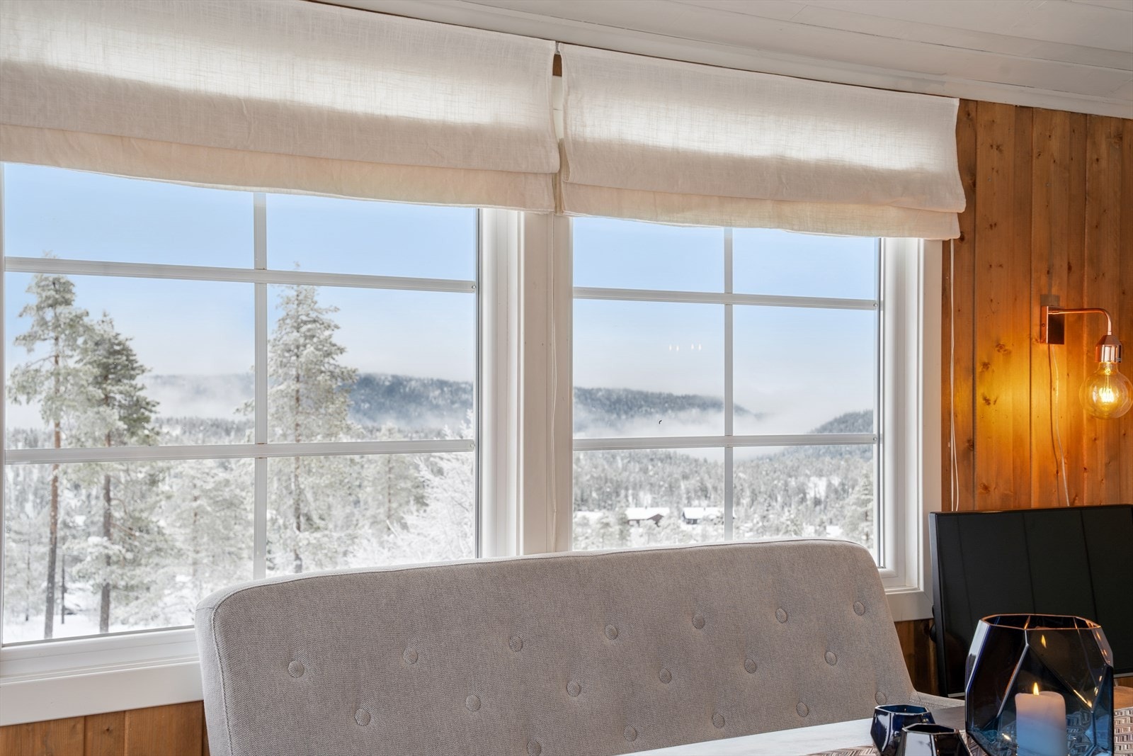 Fra stuen med vakker utsikt mot det flotte naturområdet som omgir hytta og gir ro i sjelen. Galleribilde