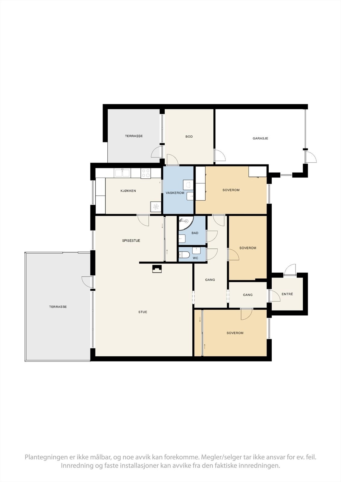 Plantegning av arealeffektivt hus med alt på ett plan. Det er innvendig utgang til garasjen. Galleribilde
