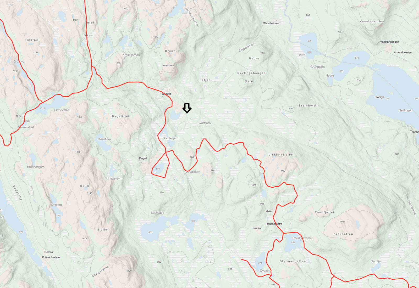 Løypekartet viser milevis med skiløyper i begge retninger. Hytta ligger ved den sorte pilen. Galleribilde