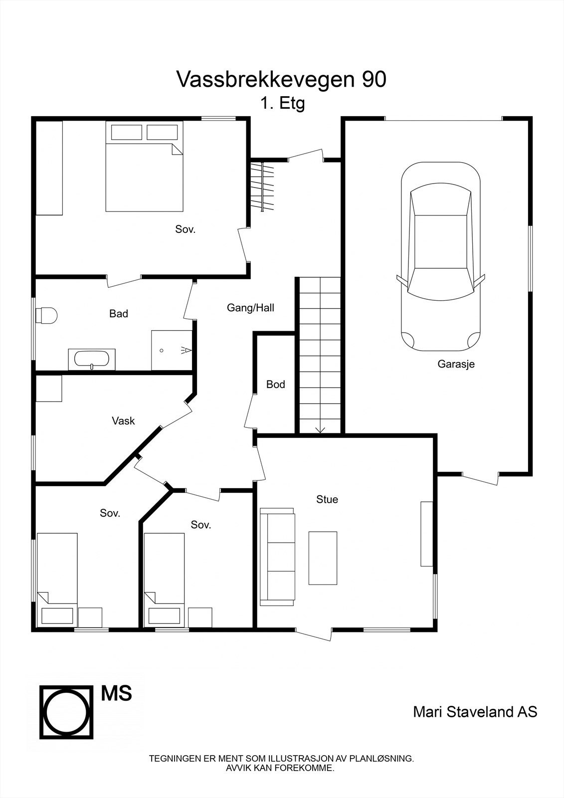 Alternativ planløsning (3 soverom nede + kjellerstue) Galleribilde
