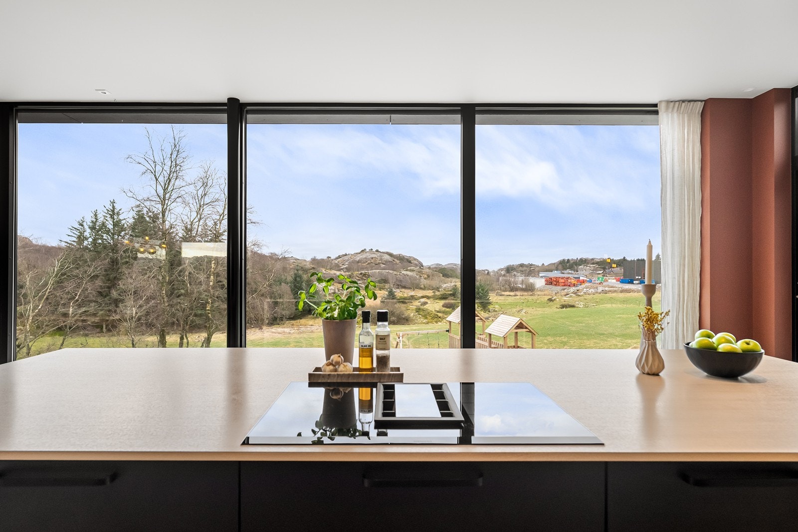 Integrerte hvitevarer som platetopp med integrert ventilator, oppvaskmaskin, 2 stekeovner og kjøleskap. Galleribilde