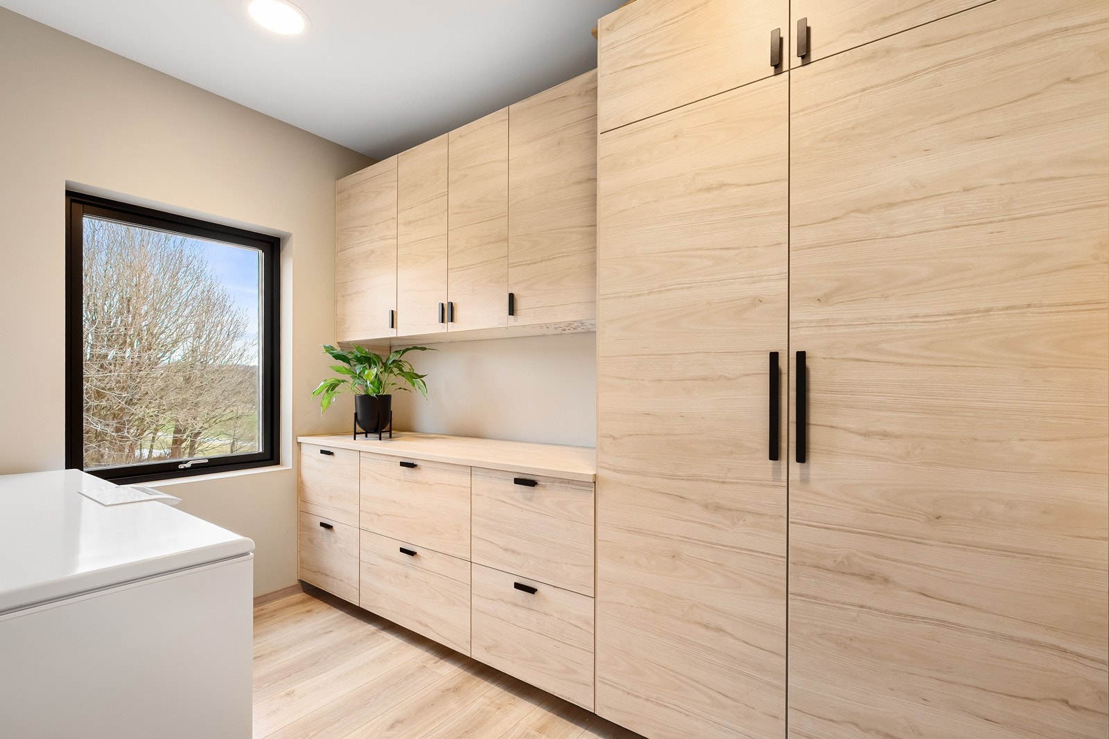 Grovkjøkken med godt med skap-plass for å avlaste kjøkken. Det er integrert kjøleskap i innredning (rommet er på tegninger godkjent som soverom). Galleribilde