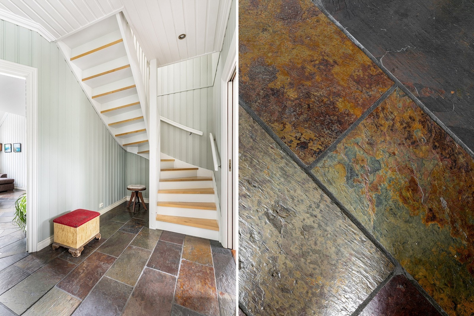 Skiferflisene er en robust overflate og spesielt praktisk i hallen, der gulvet ofte eksponeres for elementene utenfra. Galleribilde