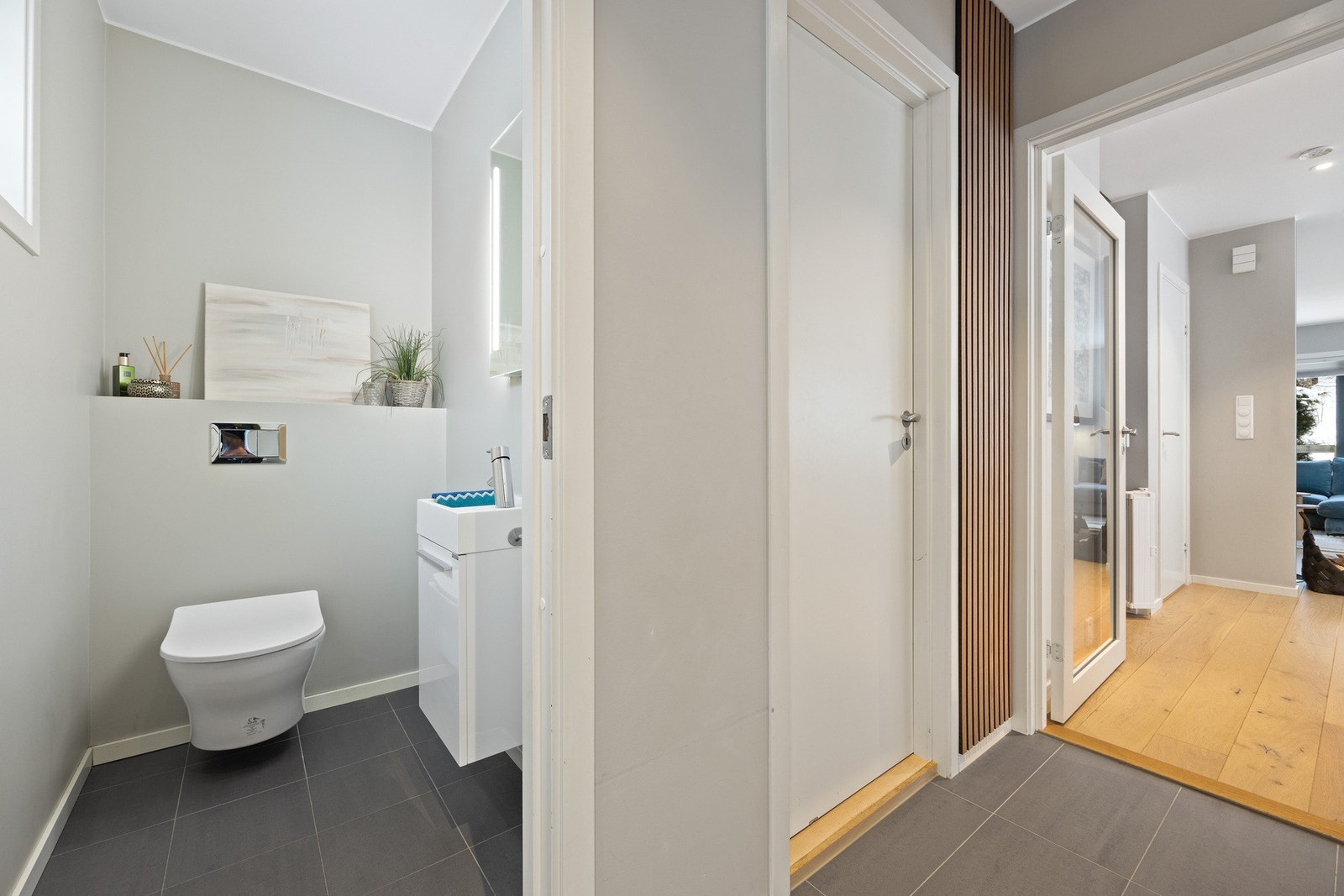 Praktisk tilkomst til toalettrom og vaskerom fra entré. Galleribilde