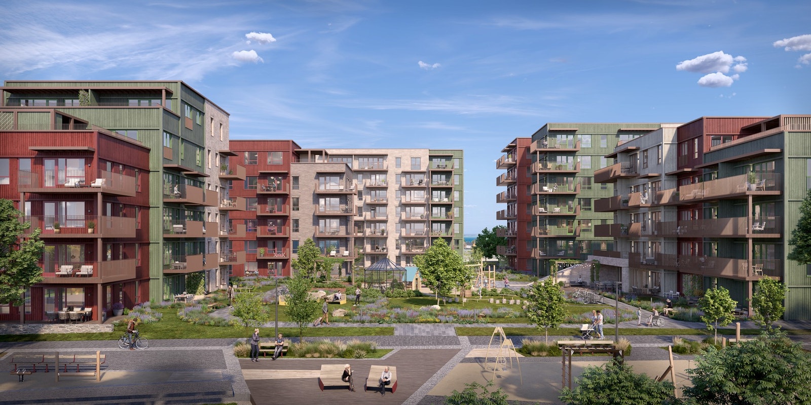 Prosjektet vil ha store flotte utomhusarealer hvor det anlegges en egen park i mellom byggene. Illustrasjonsbilde hvor endringer kan forekomme. Galleribilde