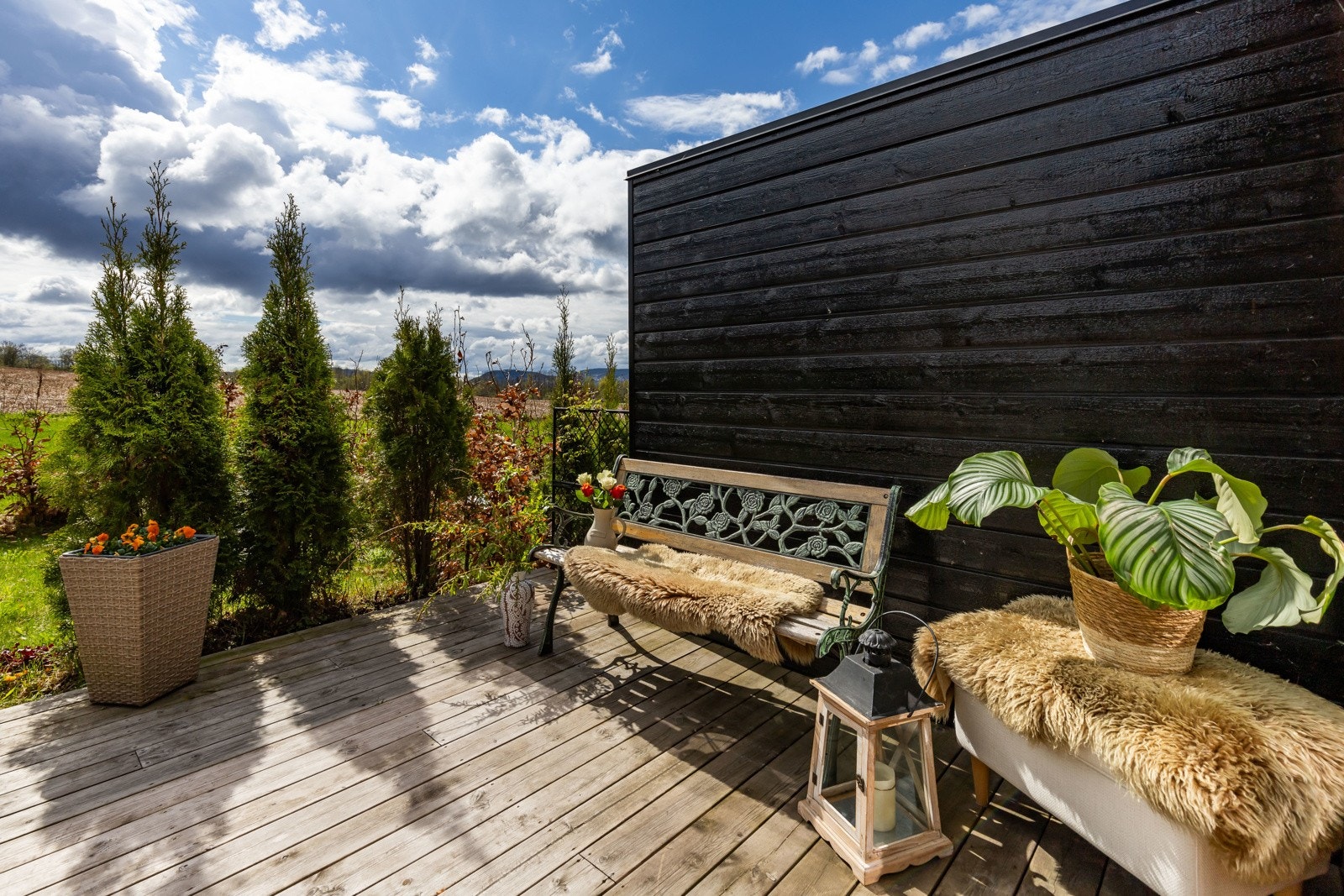 Terrasse med tregulv, levegg og utsikt mot natur. Plass til sittegruppe og planter. Galleribilde