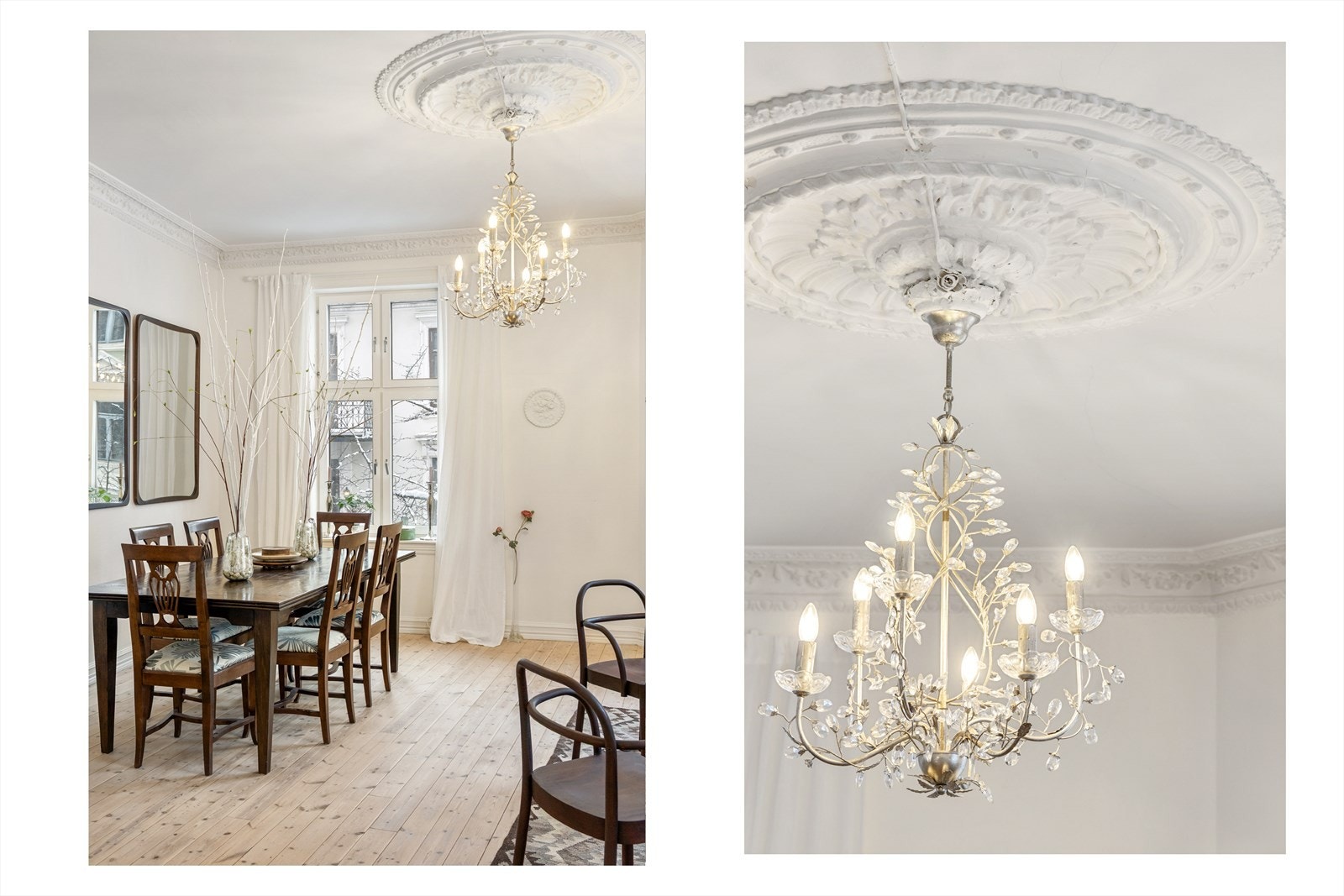 Leiligheten ligger i en ærverdig bygård fra slutten av 1800-tallet, og de flotte, klassiske detaljene med rosett og nydelig stukkatur er godt bevart. Galleribilde