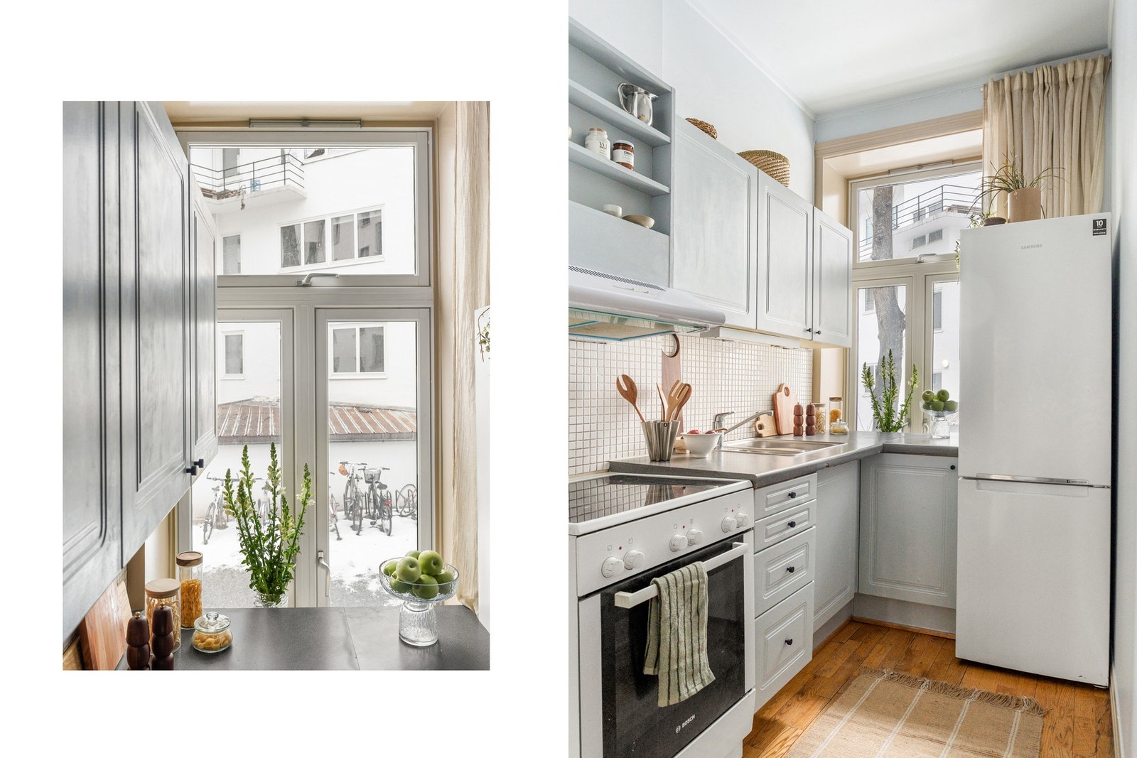 Pent kjøkken med profilerte fronter og laminat benkeplate med nedfelt kum i rustfritt stål. Fliser på vegg over benk samt belysning under overskap. Galleribilde