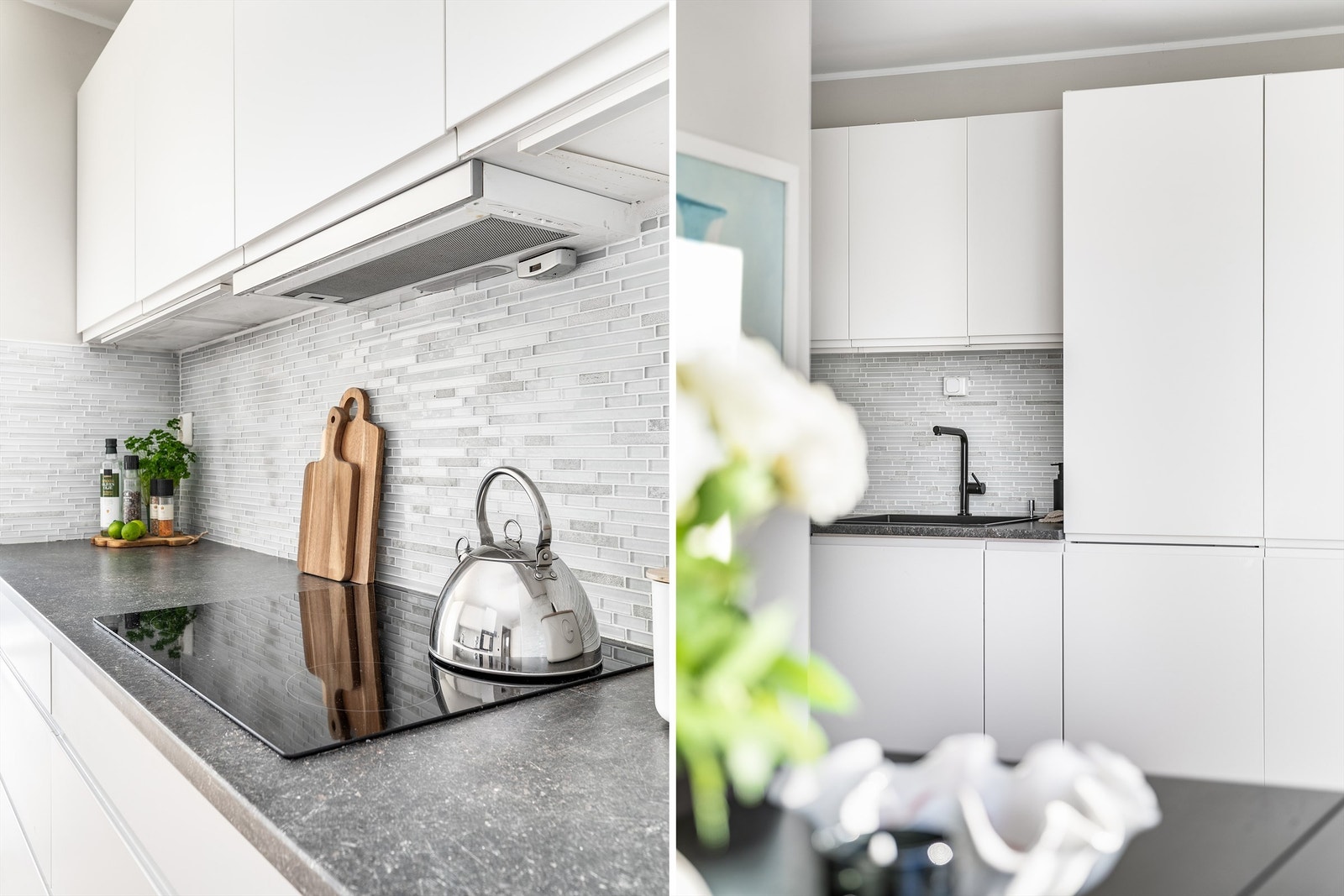 Kjøkkenets hvitevarer er alle integrert og medfølger leiligheten. Galleribilde