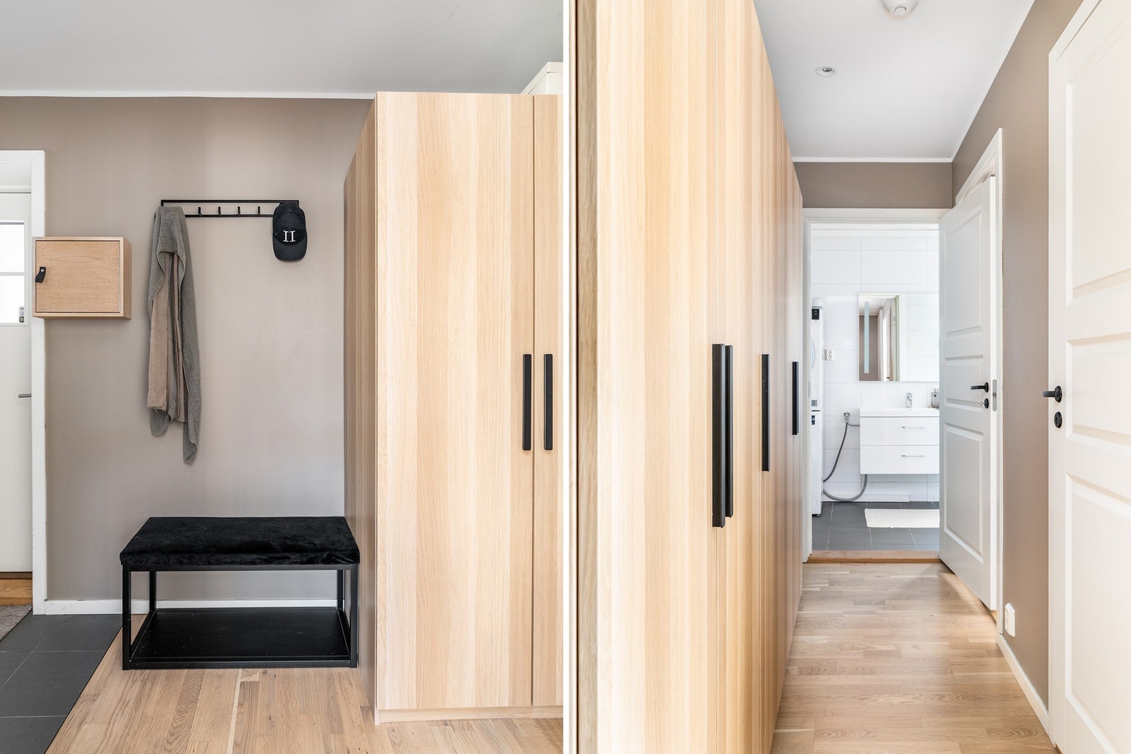 Soverommene er distansert fra den sosiale sonen og samlet langs entreen/gangen, nær badet. Praktisk er det også med et ekstra gjestetoalett ved gangen. Galleribilde