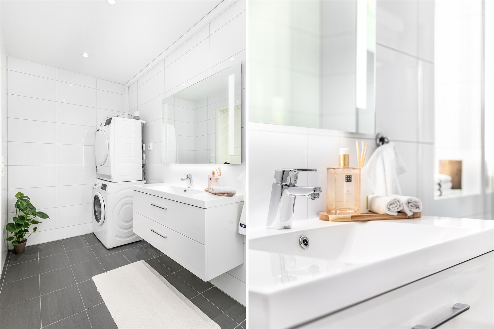 På badet har vaskesøylen en lett tilgjengelig plass i hjørnet rett innenfor døren. Galleribilde