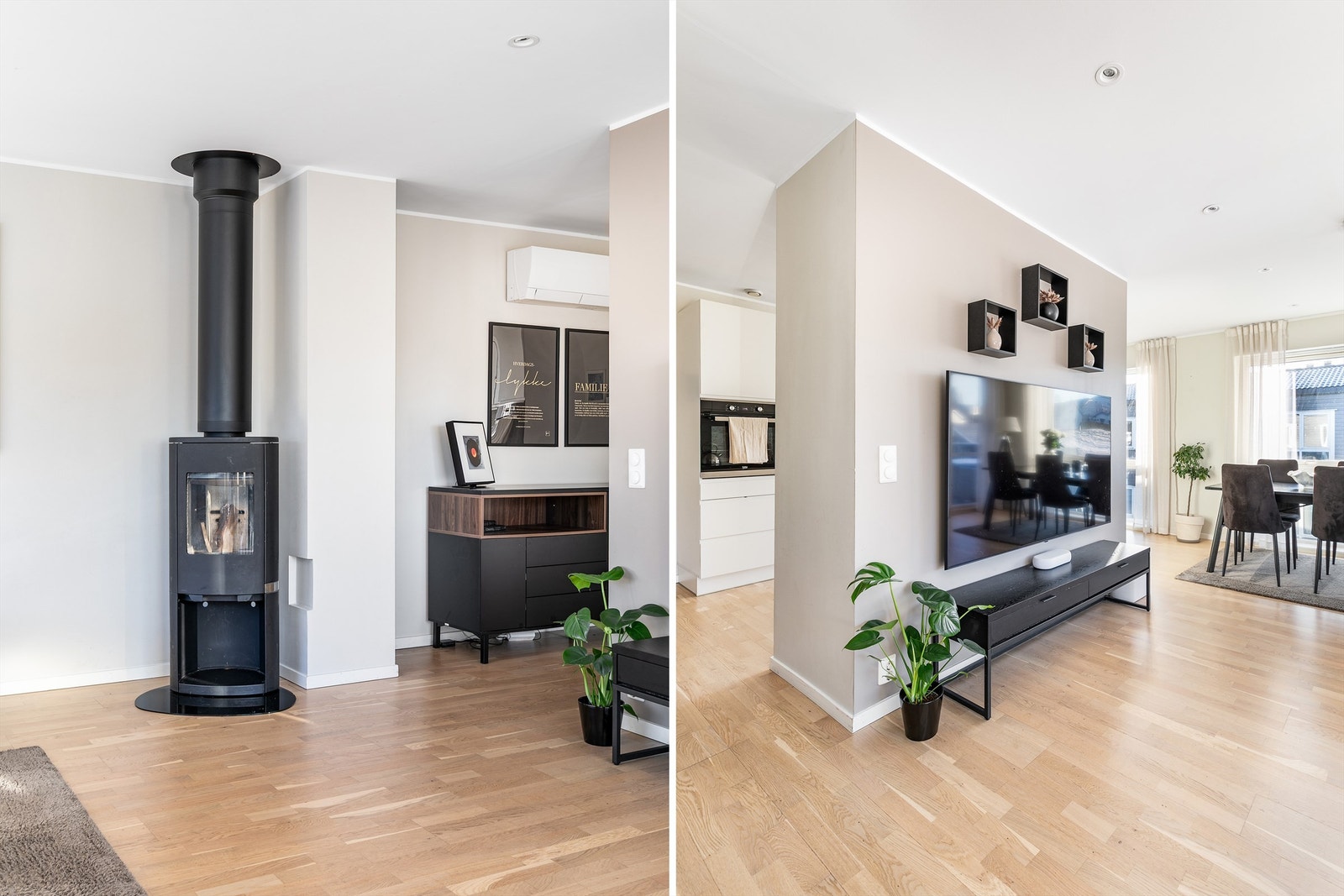 Luft-luft varmepumpe ble installert i 2018, som et energieffektivt supplement. Leiligheten varmes ellers opp med elektrisitet eller stuens rentbrennende vedovn. Galleribilde