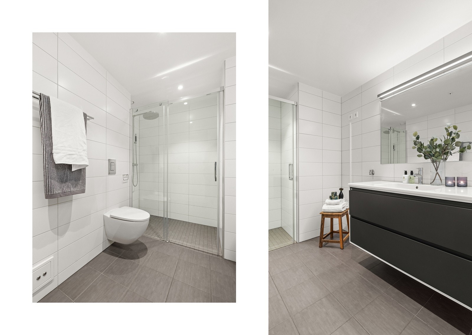 Badet er innredet med servantmøbel med skap, speil med lys, veggmontert toalett, dusjnisje med skyvedør og opplegg for vaskemaskin. Galleribilde