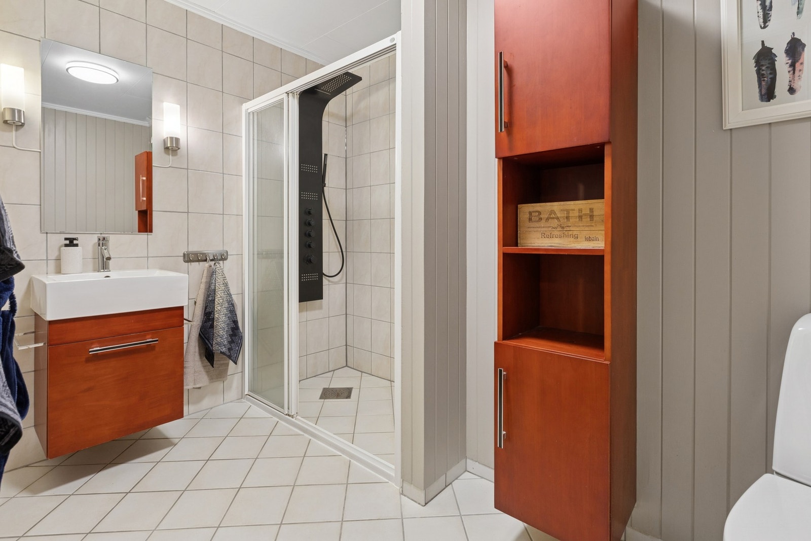 Bad i husets underetasje med toalett, dusj og baderomsinnredning. Galleribilde