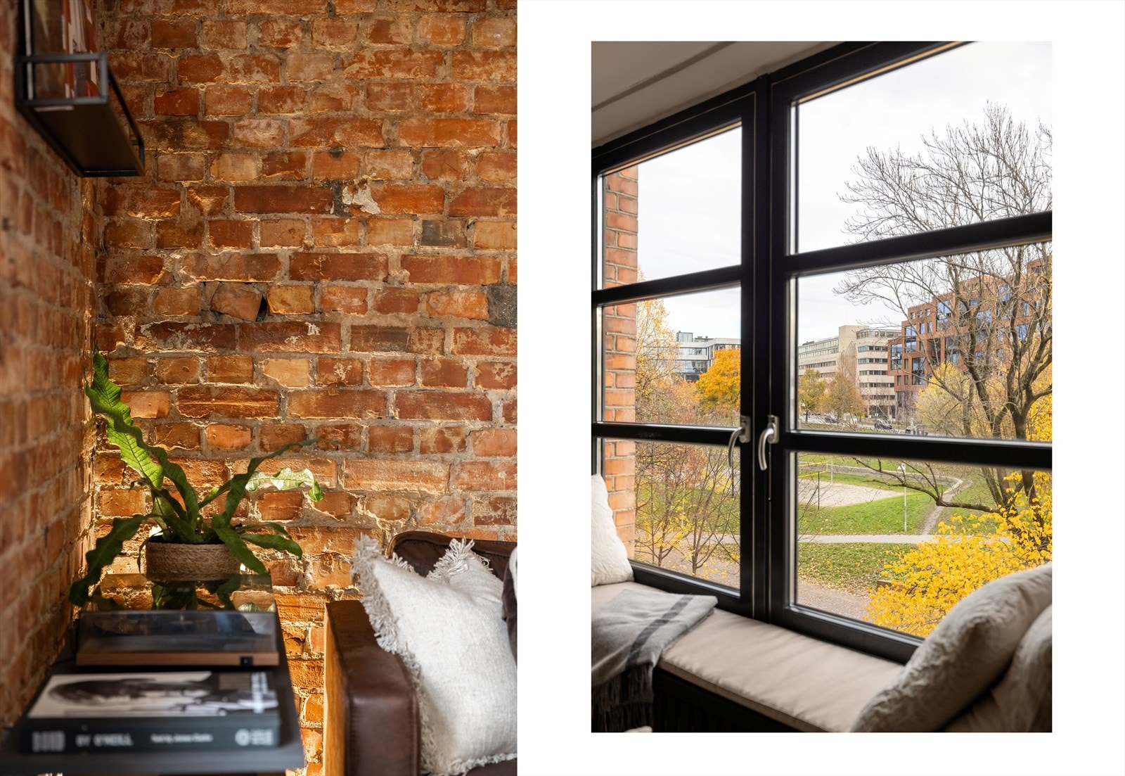 En koselig sittebenk er plassbygd under vinduet. Galleribilde