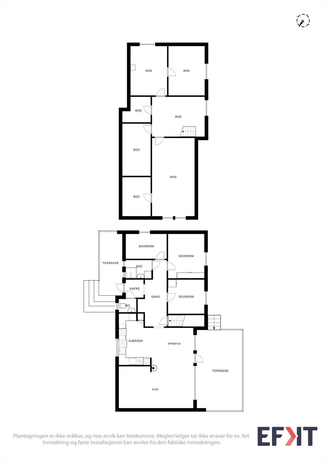 Plantegningen gir en god oversikt over boligens to plan og romfordeling. Galleribilde