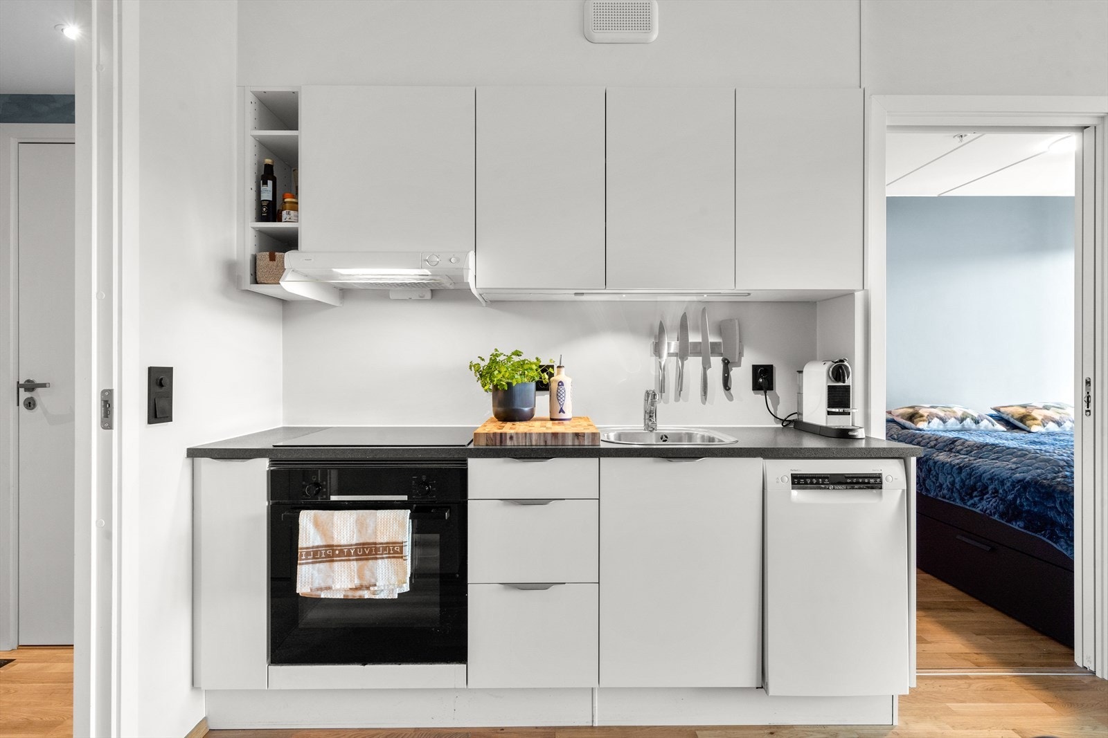 Kjøkkenet er utstyrt med platetopp, oppvaskkum i stål, ettgreps blandebatteri, stekeovn og oppvaskmaskin. Galleribilde