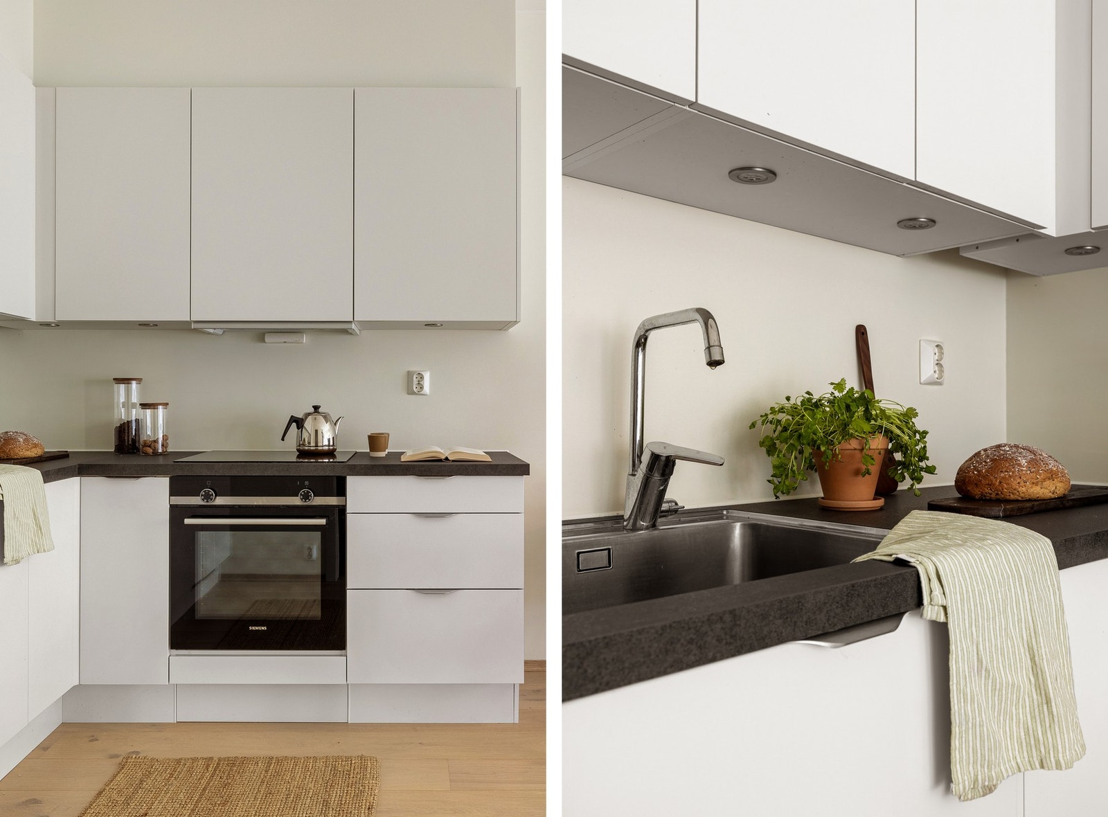 Kjøkkeninnredning fra HTH med integrerte hvitevarer, laminat benkeplate og belysning under overskap. Galleribilde