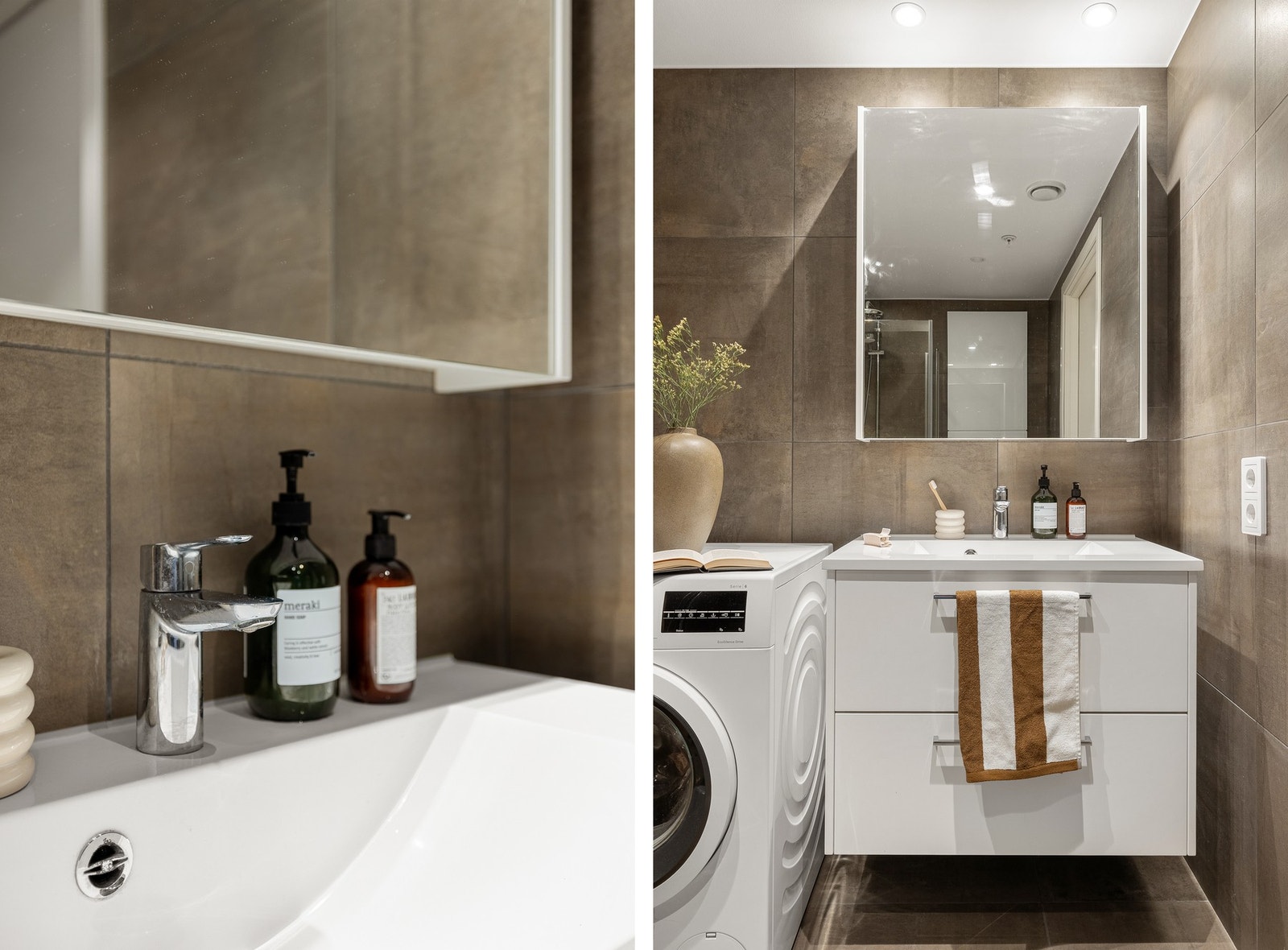 Badet er innredet med vegghengt toalett, dusj med innfellbare glassdører og baderomsinnredning med god lagringsplass i skuffer. Galleribilde